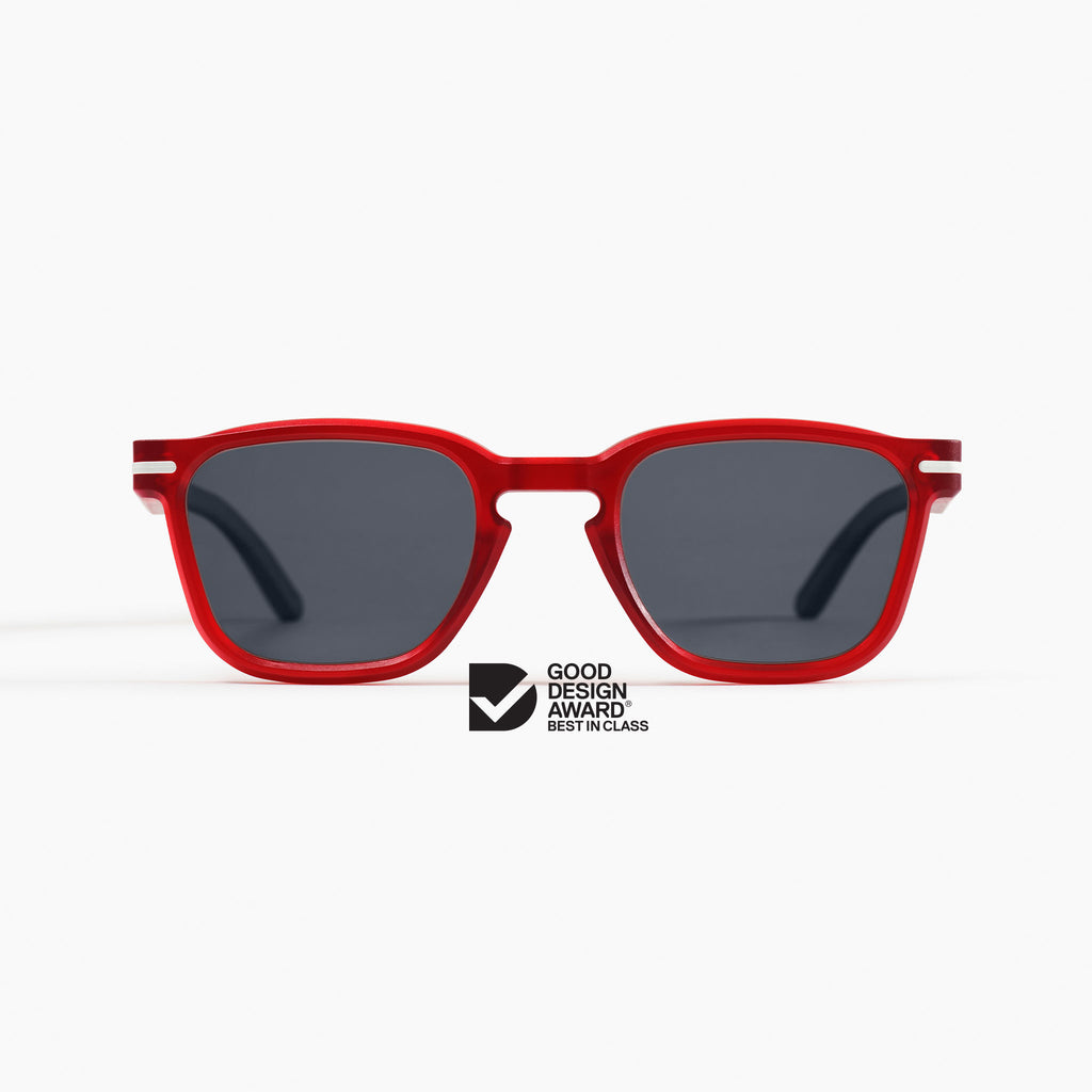 Good Citizens red square sunglasses made in Australia with polarised lenses and modular design, made from 100% recycled plastic