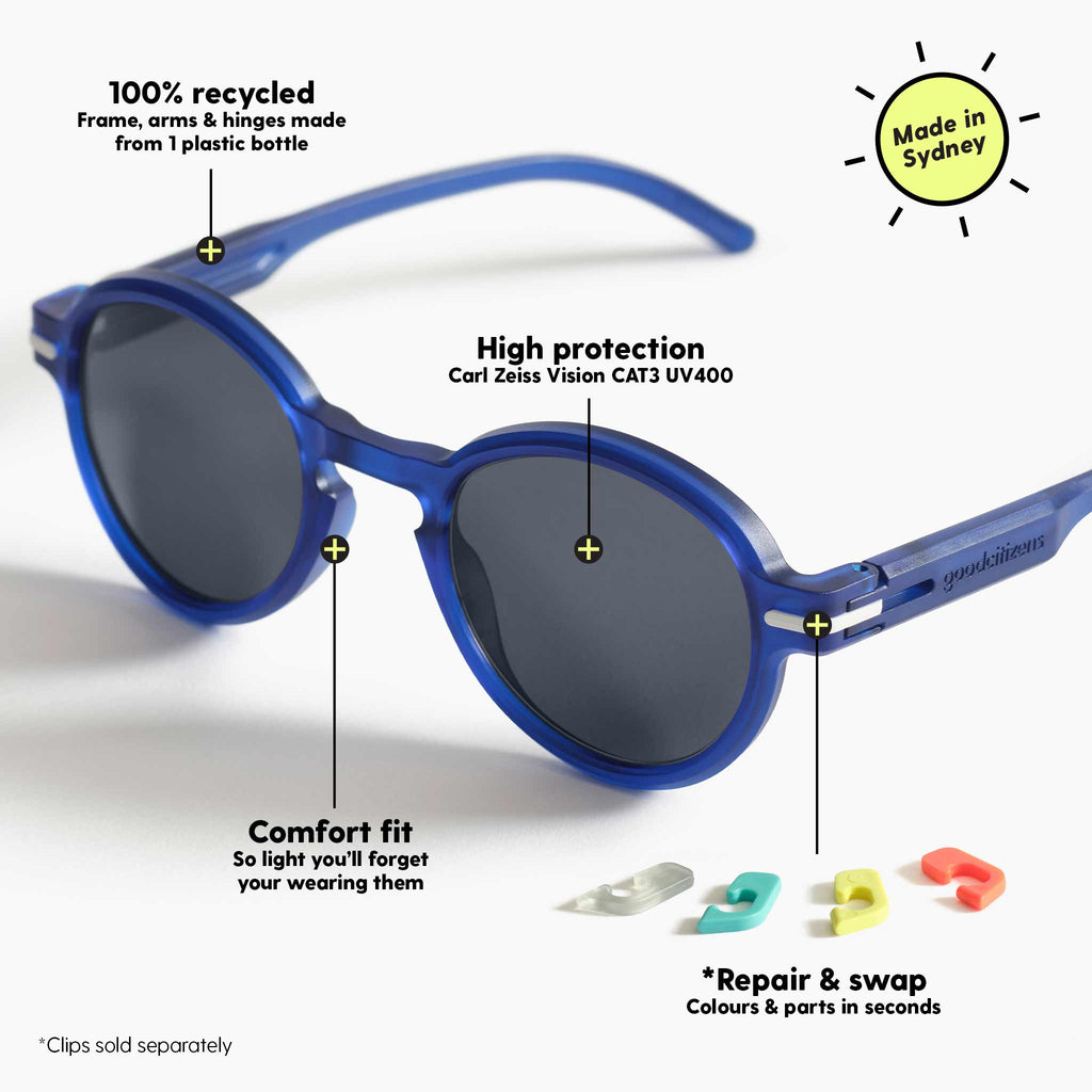 Diagram of round blue sunglasses with key features, including 100% recycled plastic frame and Carl Zeiss Vision lenses