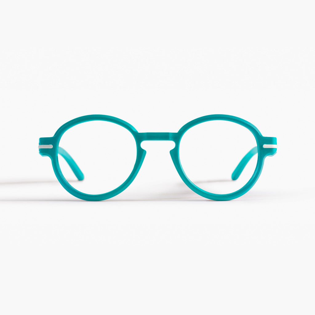 Front view of Good Citizens aqua blue frame, high lighting the stylish, eco-friendly design and 100% recycled plastic frames.