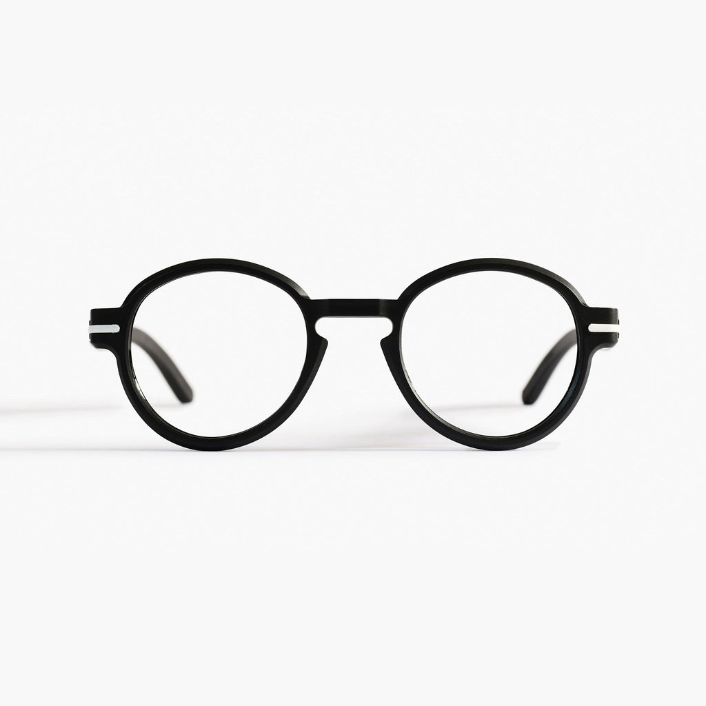 Front view of Good Citizens black frame, high lighting the stylish, eco-friendly design and 100% recycled plastic frames.