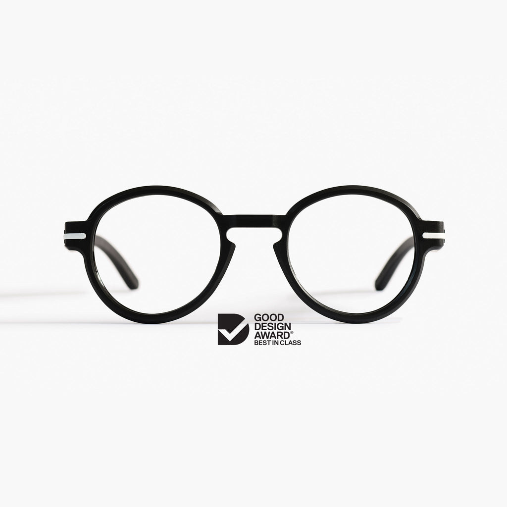 Front view of Good Citizens round black reading glasses, highlighting the stylish, eco-friendly design and 100% recycled plastic material