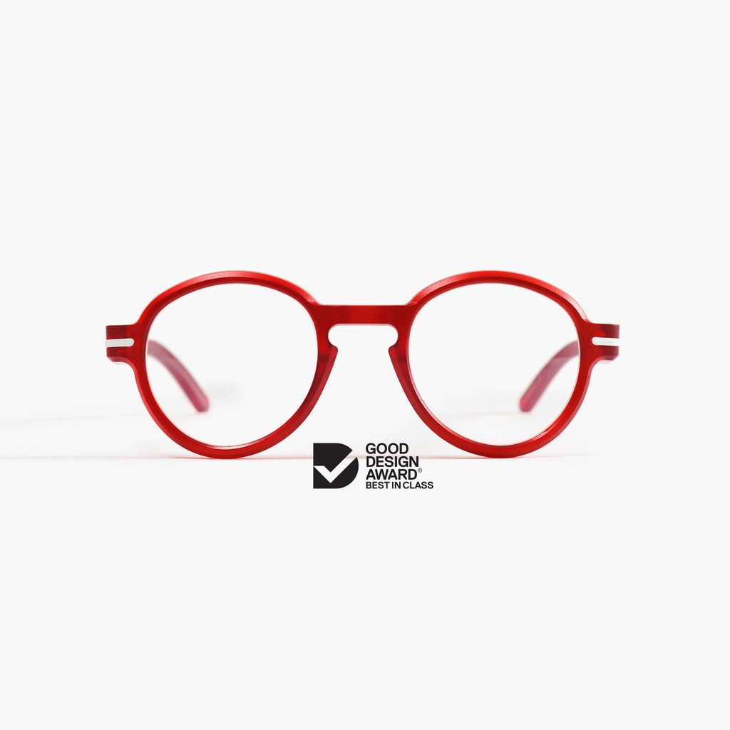 Front view of Good Citizens round red reading glasses, highlighting the stylish, eco-friendly design and 100% recycled plastic material