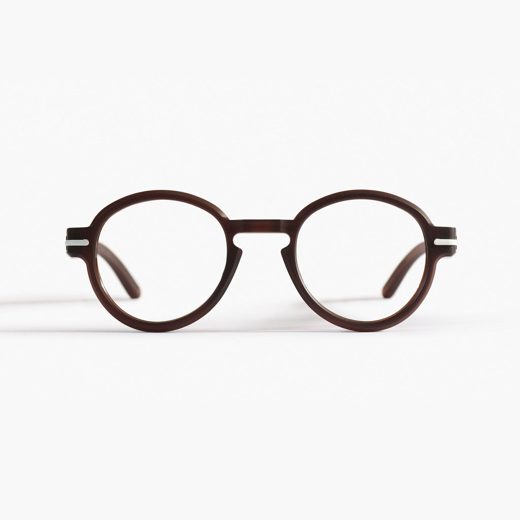 Front view of Good Citizens brown frame, high lighting the stylish, eco-friendly design and 100% recycled plastic frames.