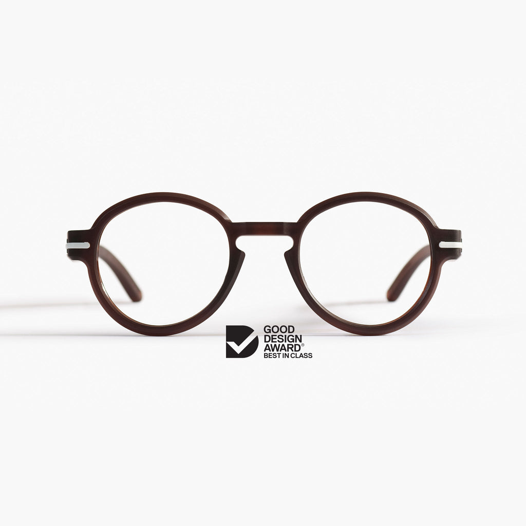 Front view of Good Citizens round brown reading glasses, highlighting the stylish, eco-friendly design and 100% recycled plastic material
