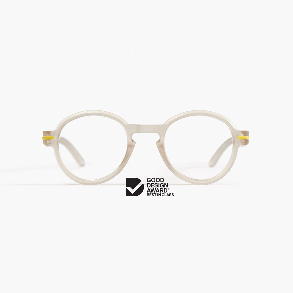 Front view of Good Citizens clear frame, high lighting the stylish, eco-friendly design and 100% recycled plastic frames.