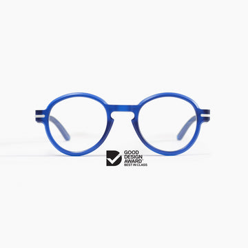 Front view of Good Citizens round blue reading glasses, highlighting the stylish, eco-friendly design and 100% recycled plastic material