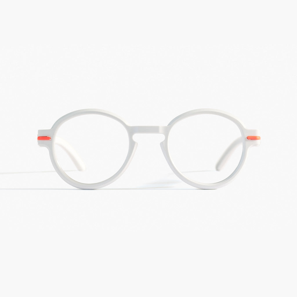 Front view of Good Citizens white frame, high lighting the stylish, eco-friendly design and 100% recycled plastic frames.