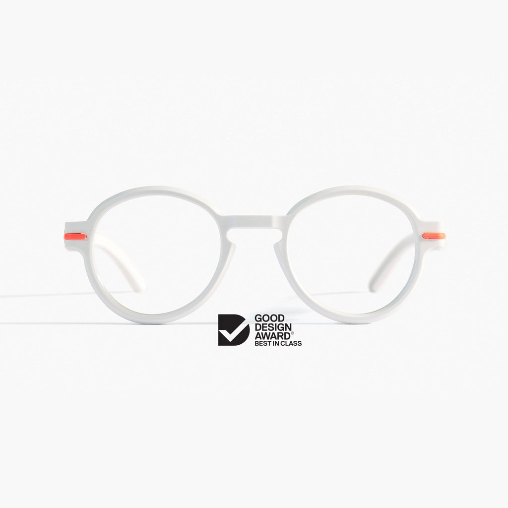 Front view of Good Citizens round white reading glasses, highlighting the stylish, eco-friendly design and 100% recycled plastic material