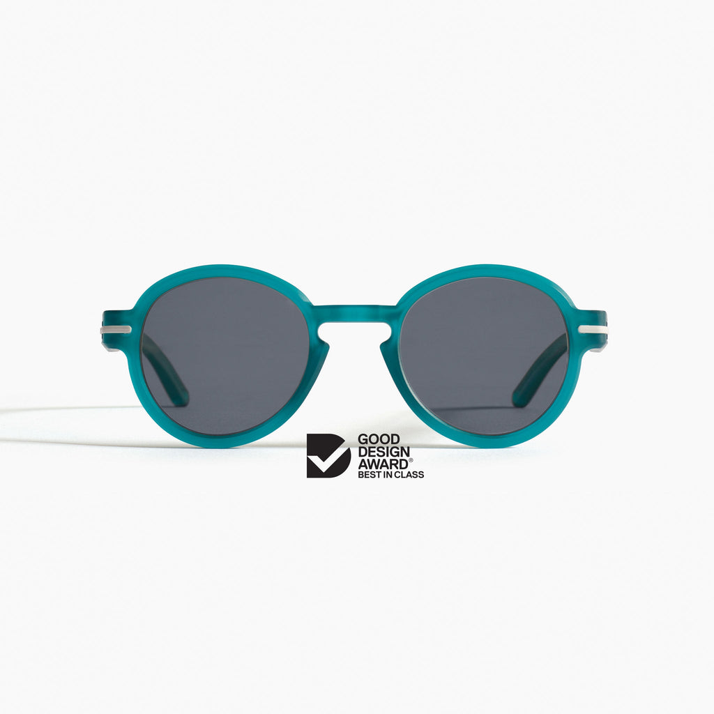 Good Citizens aqua blue round sunglasses with Carl Zeiss Vision lenses, made from 100% recycled plastic - front view