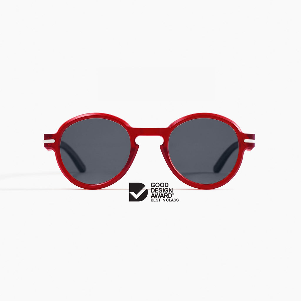 Good Citizens red round sunglasses with Carl Zeiss Vision lenses, made from 100% recycled plastic - front view