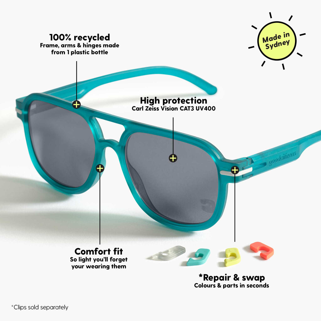 Diagram of aviator blue sunglasses made in Australia, highlighting features: 100% recycled plastic frame and polarised lenses for superior protection