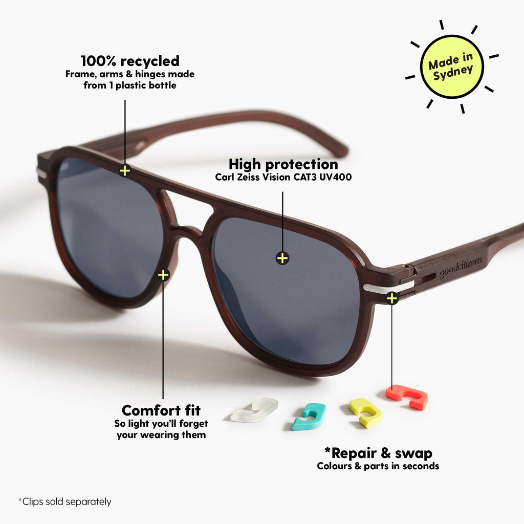 Diagram of aviator brown sunglasses made in Australia, highlighting features: 100% recycled plastic frame and polarised lenses for superior protection