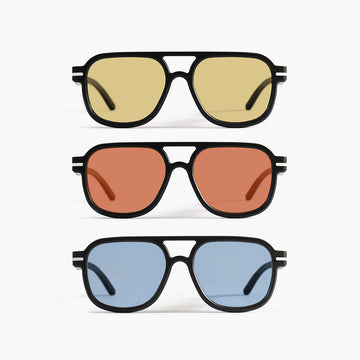  Close-up of Good Citizens' range of aviator frames with coloured lenses on a white background, highlighting the stylish, eco-friendly design and 100% recycled plastic frames