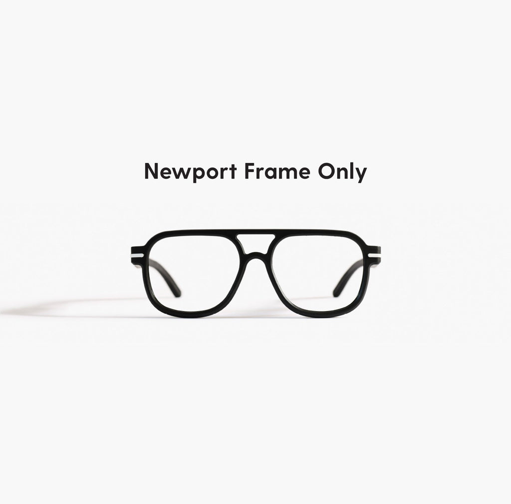 Front view of Good Citizens black aviator frame, highlighting stylish, eco-friendly design and 100% recycled plastic frames made in Australia