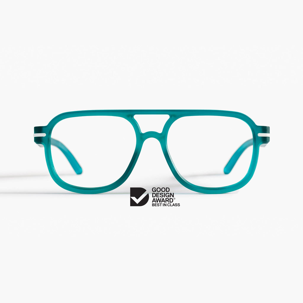 Front view of Good Citizens aviator blue reading glasses made in Australia, showcasing the stylish, eco-friendly design made from 100% recycled plastic bottles