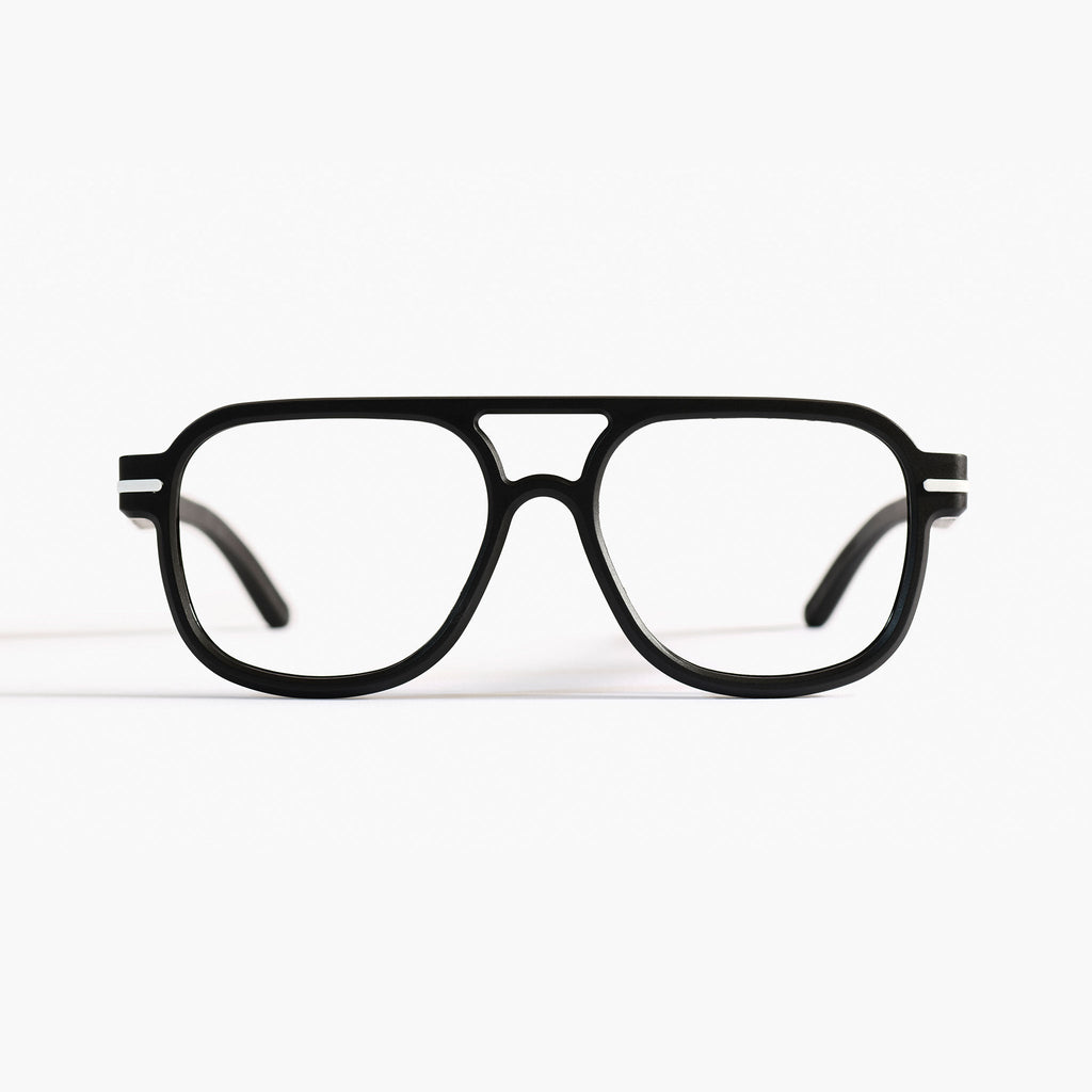 Front view of Good Citizens black aviator frame, highlighting stylish, eco-friendly design and 100% recycled plastic frames made in Australia