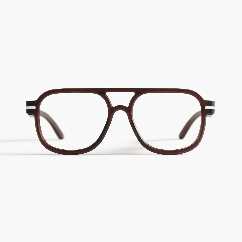 Front view of Good Citizens brown aviator frame, highlighting stylish, eco-friendly design and 100% recycled plastic frames made in Australia