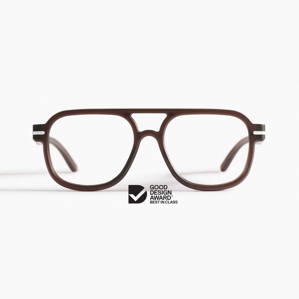 Front view of Good Citizens aviator brown reading glasses made in Australia, showcasing stylish, eco-friendly design from 100% recycled plastic bottles.