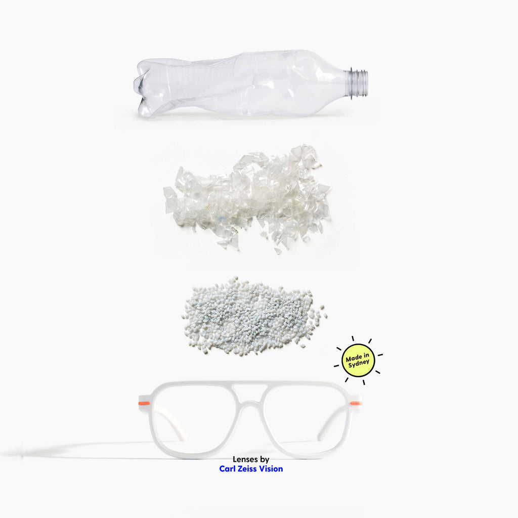 Stages of a plastic bottle being recycled into Good Citizens white aviator reading glasses, made in Australia with eco-friendly design