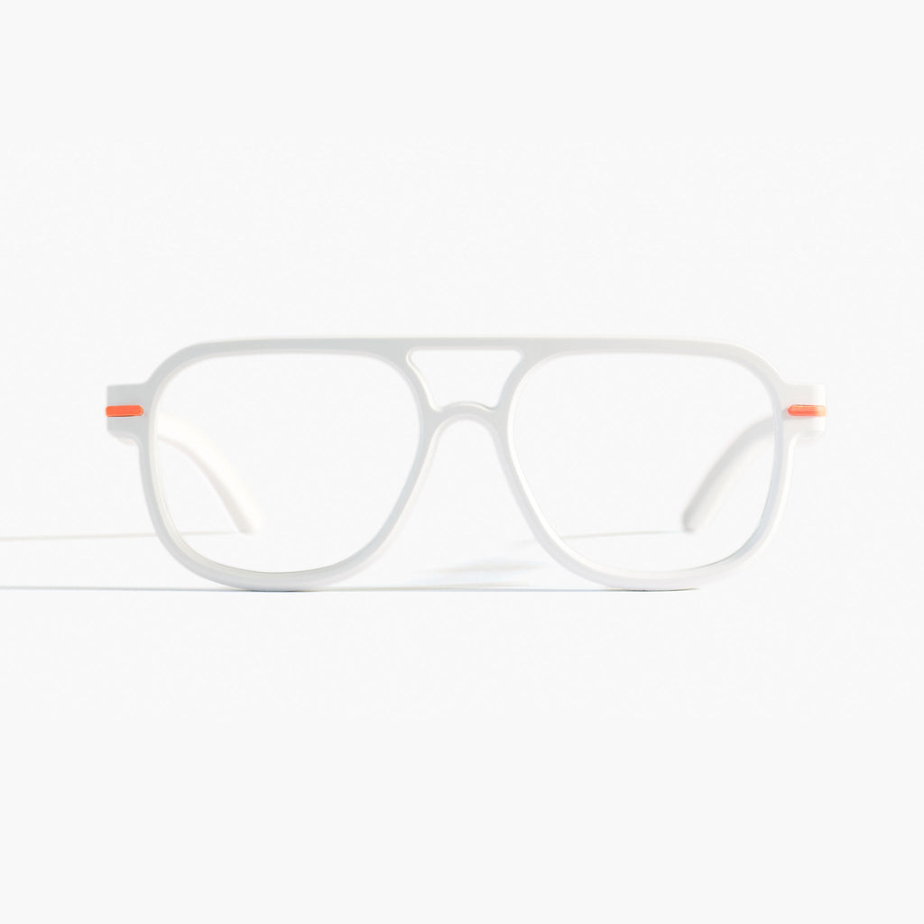 Front view of Good Citizens white aviator frame, highlighting stylish, eco-friendly design and 100% recycled plastic frames made in Australia