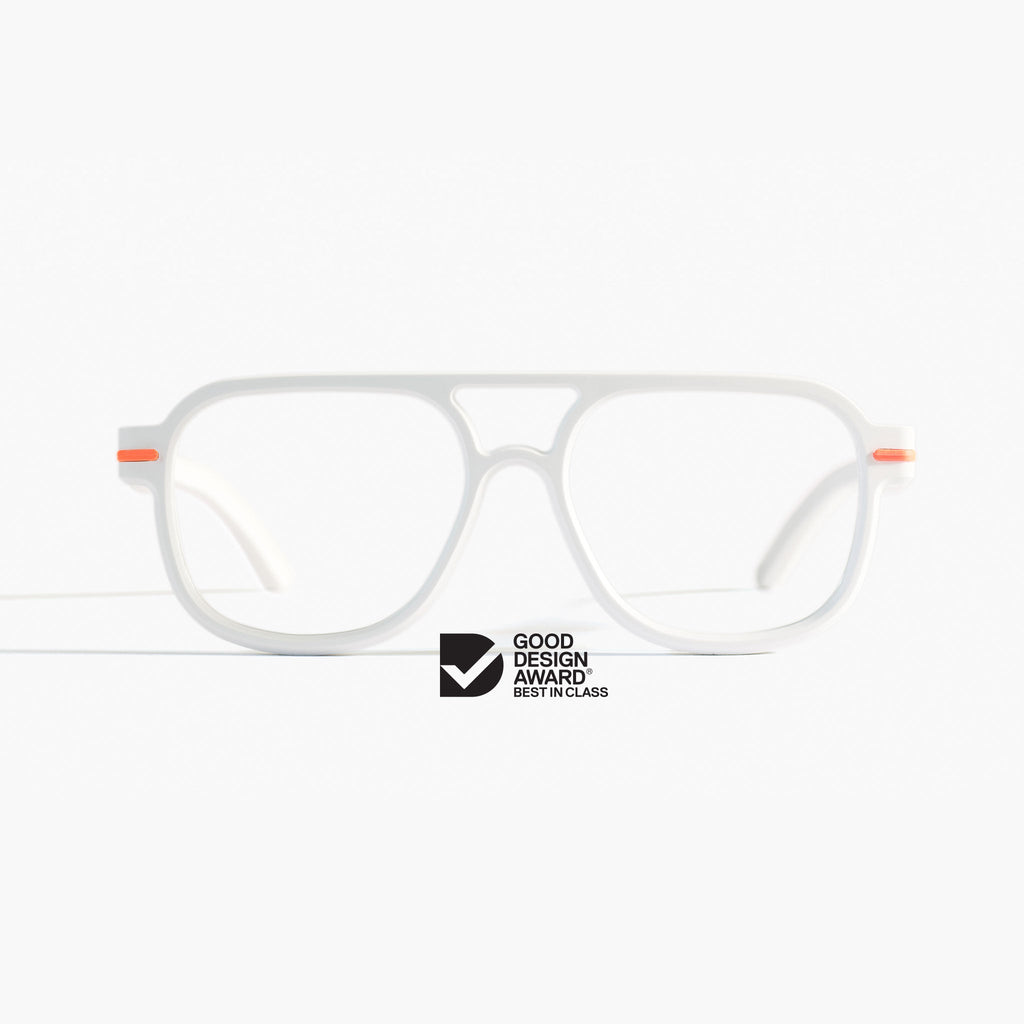 Front view of Good Citizens aviator white reading glasses made in Australia, showcasing the stylish, eco-friendly design made from 100% recycled plastic bottles