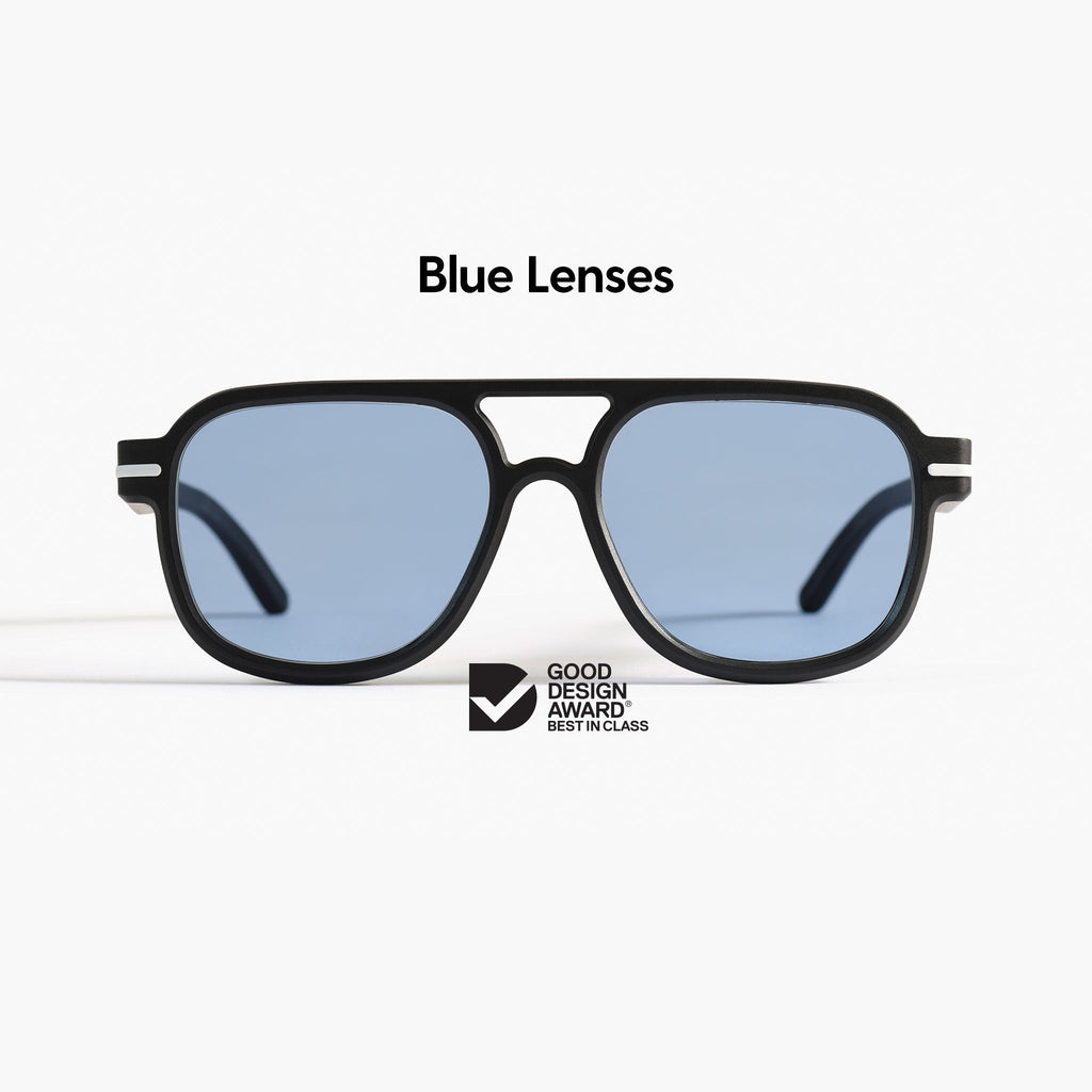 Made in Australia, Good Citizens black aviator sunglasses with polarised Carl Zeiss blue lenses, made from 100% recycled plastic