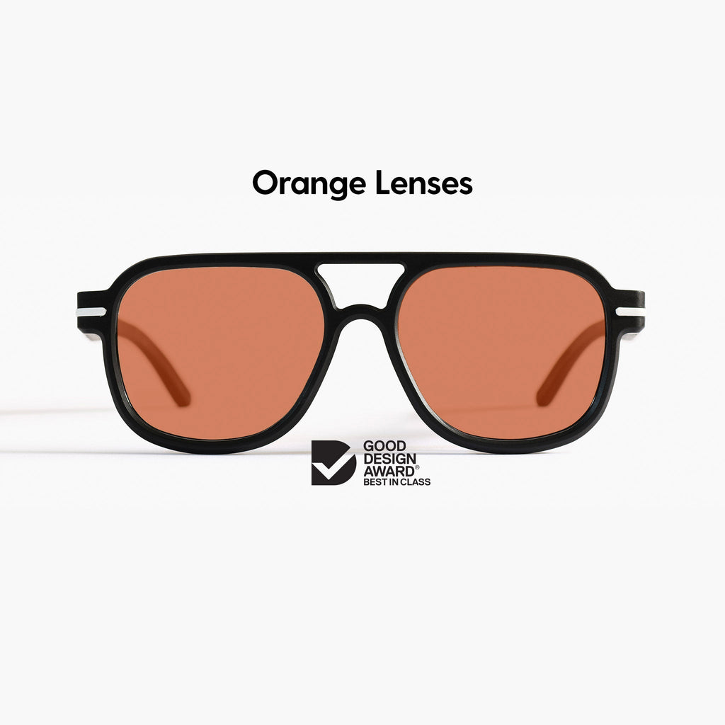 Made in Australia, Good Citizens black aviator sunglasses with polarised Carl Zeiss orange lenses, made from 100% recycled plastic