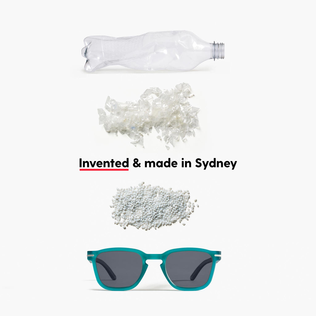 Turning a 600ml plastic bottle into Good Citizens aqua square sunglasses, showcasing the recycling process and eco-friendly design