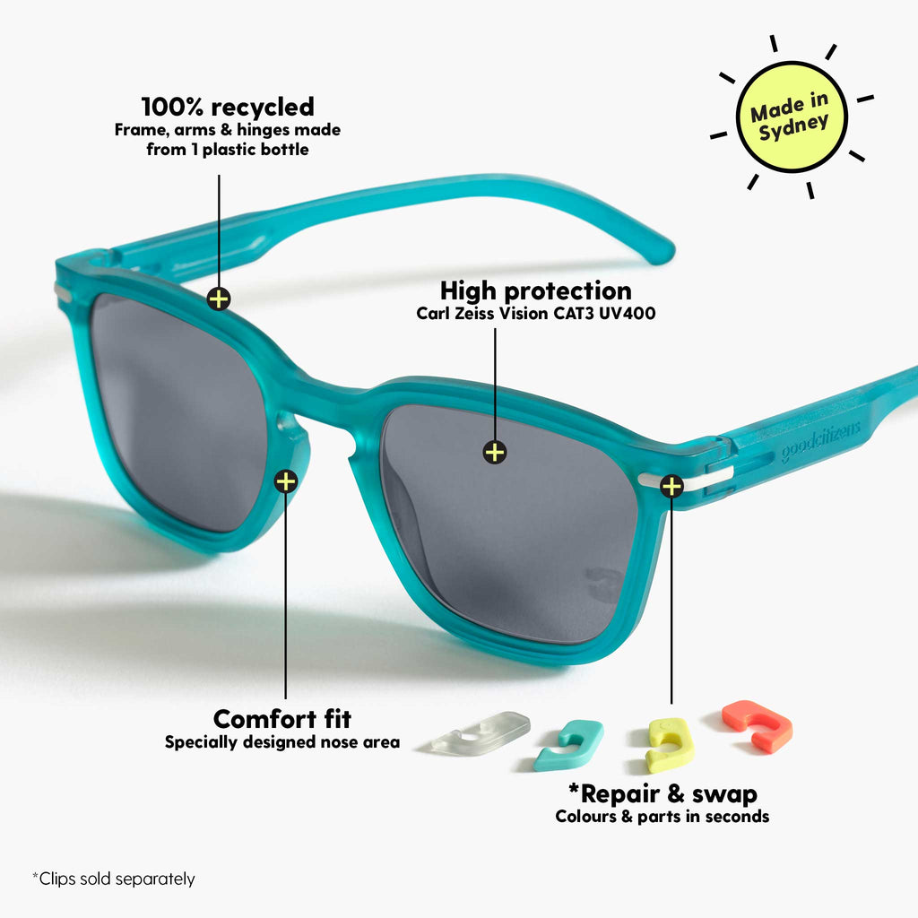 Diagram of square aqua blue sunglasses with key features, including 100% recycled plastic frame and Carl Zeiss lenses
