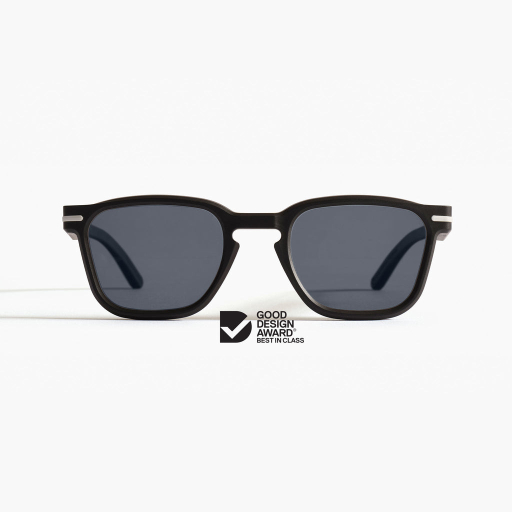 Turning a 600ml plastic bottle into Good Citizens black square sunglasses, showcasing the recycling process and eco-friendly design
