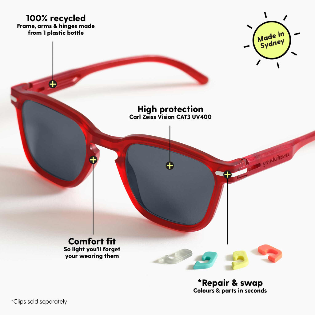 Diagram of square red sunglasses with key features, including 100% recycled plastic frame and Carl Zeiss lenses