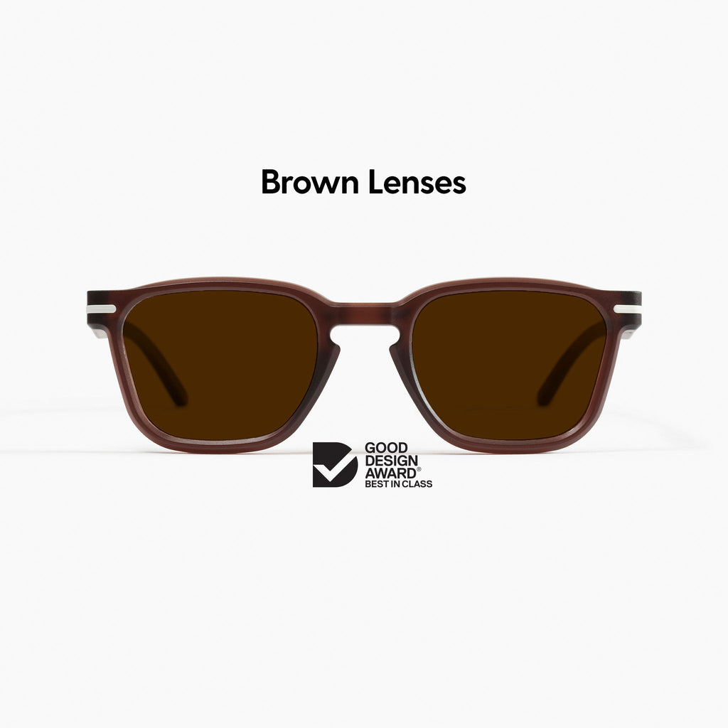 Good Citizens brown square sunglasses with premium polarised brown lenses crafted from 100% recycled plastic, on a white background.