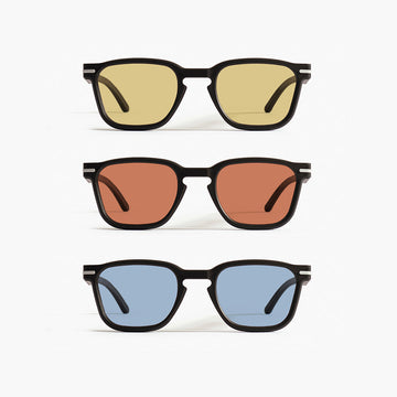 Close-up of Good Citizens' range of square frames with coloured lenses on a white background, highlighting the stylish, eco-friendly design, modular design, and 100% recycled plastic frames made in Australia