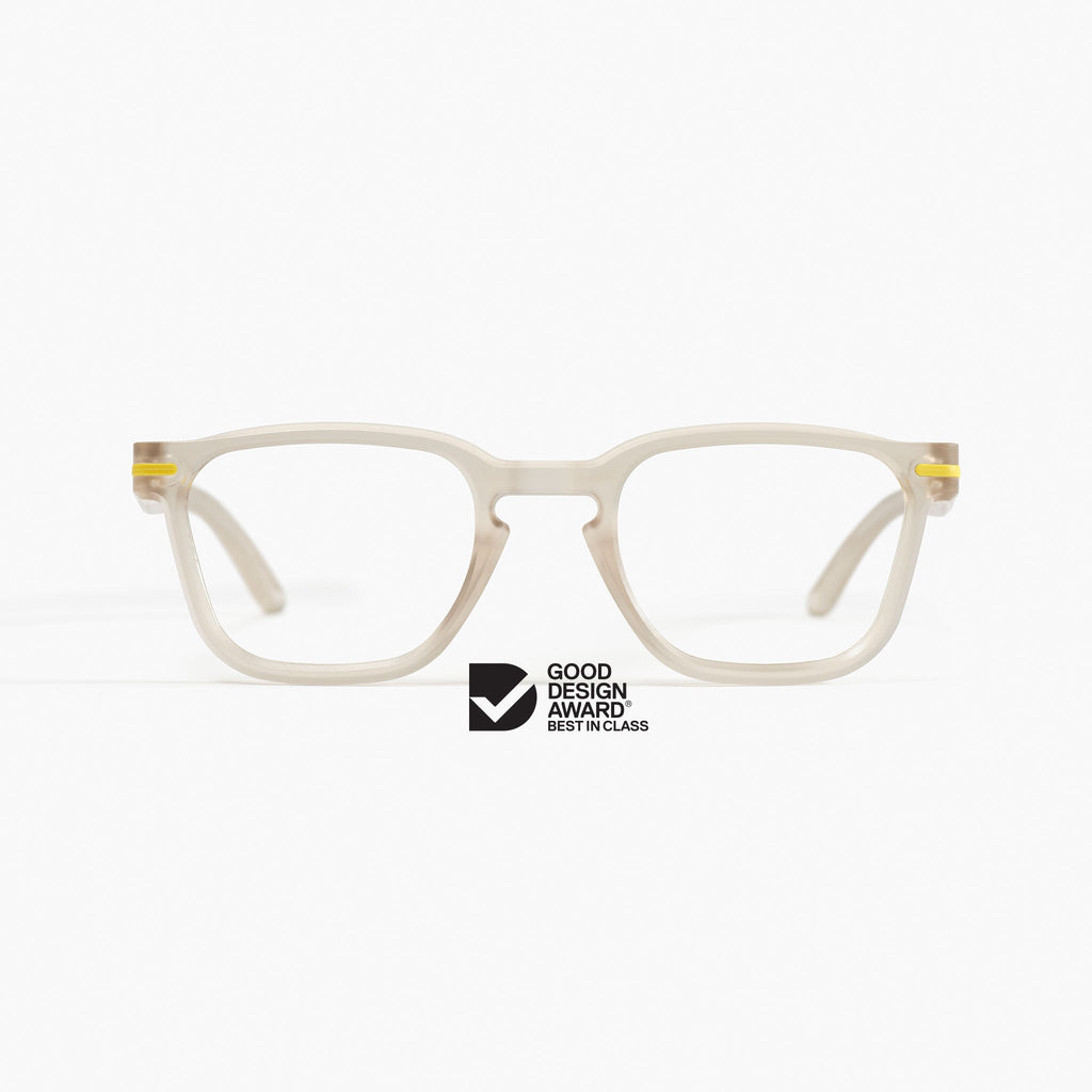 Front view of Good Citizens clear square frame, highlighting stylish, eco-friendly design and 100% recycled plastic frames made in Australia
