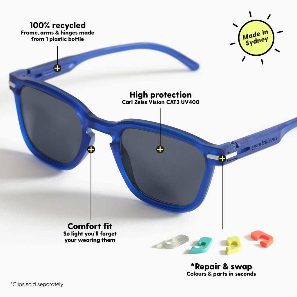 Diagram of square blue sunglasses with key features, including 100% recycled plastic frame and Carl Zeiss lenses