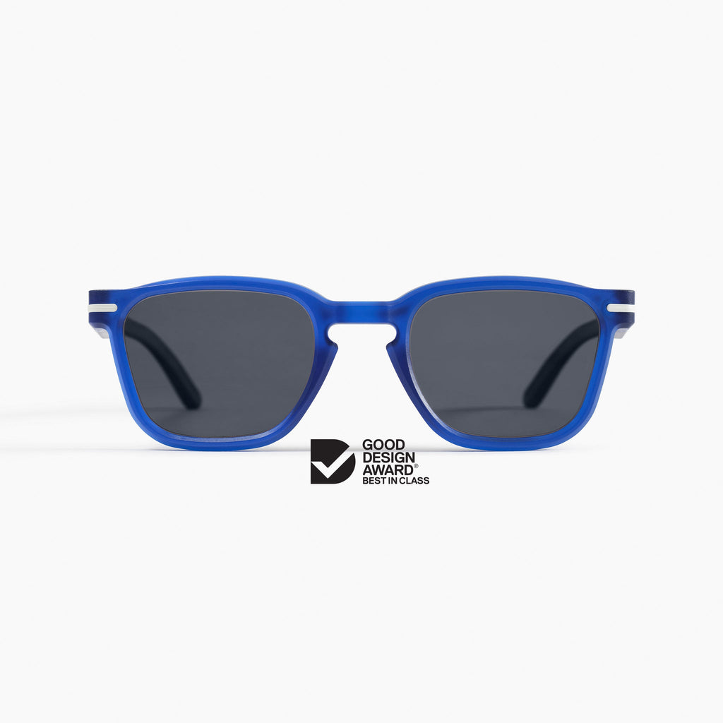 Good Citizens blue square sunglasses made in Australia with polarised lenses and modular design, made from 100% recycled plastic