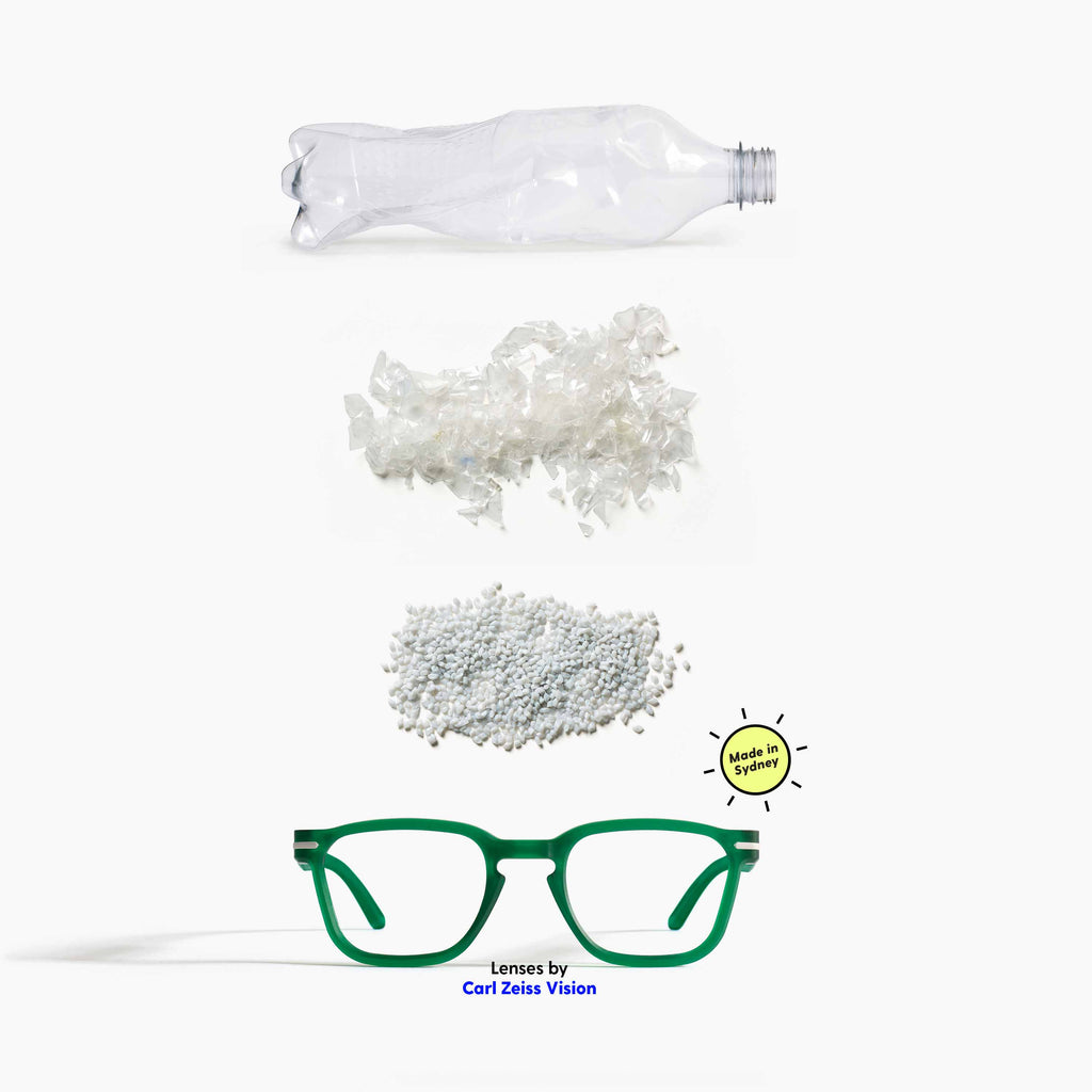 Stages of a plastic bottle being recycled into Good Citizens green square reading glasses, made in Australia with eco-friendly design