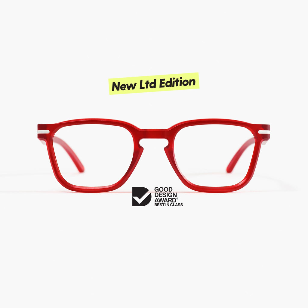 Front view of Good Citizens square red reading glasses made in Australia, showcasing stylish, eco-friendly design from 100% recycled plastic bottles