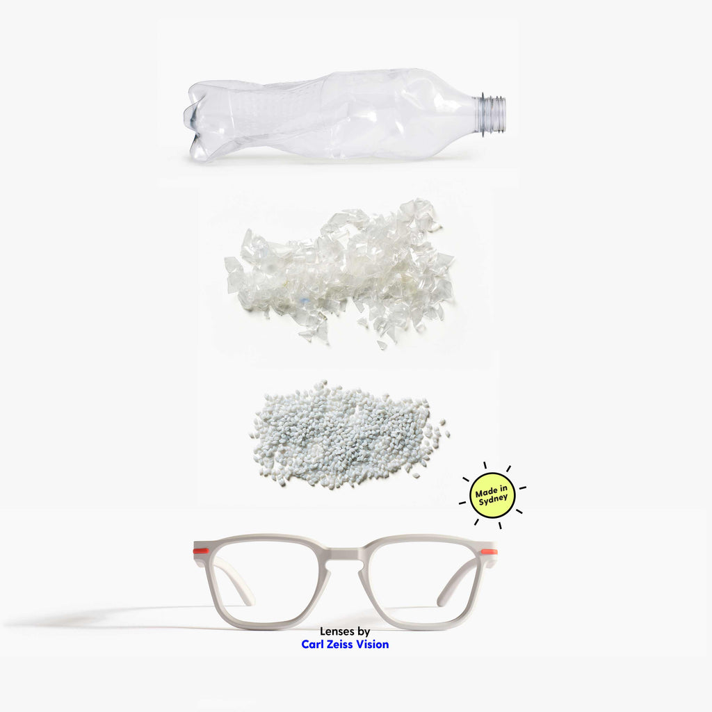 Stages of a plastic bottle being recycled into Good Citizens white square reading glasses, made in Australia with eco-friendly design