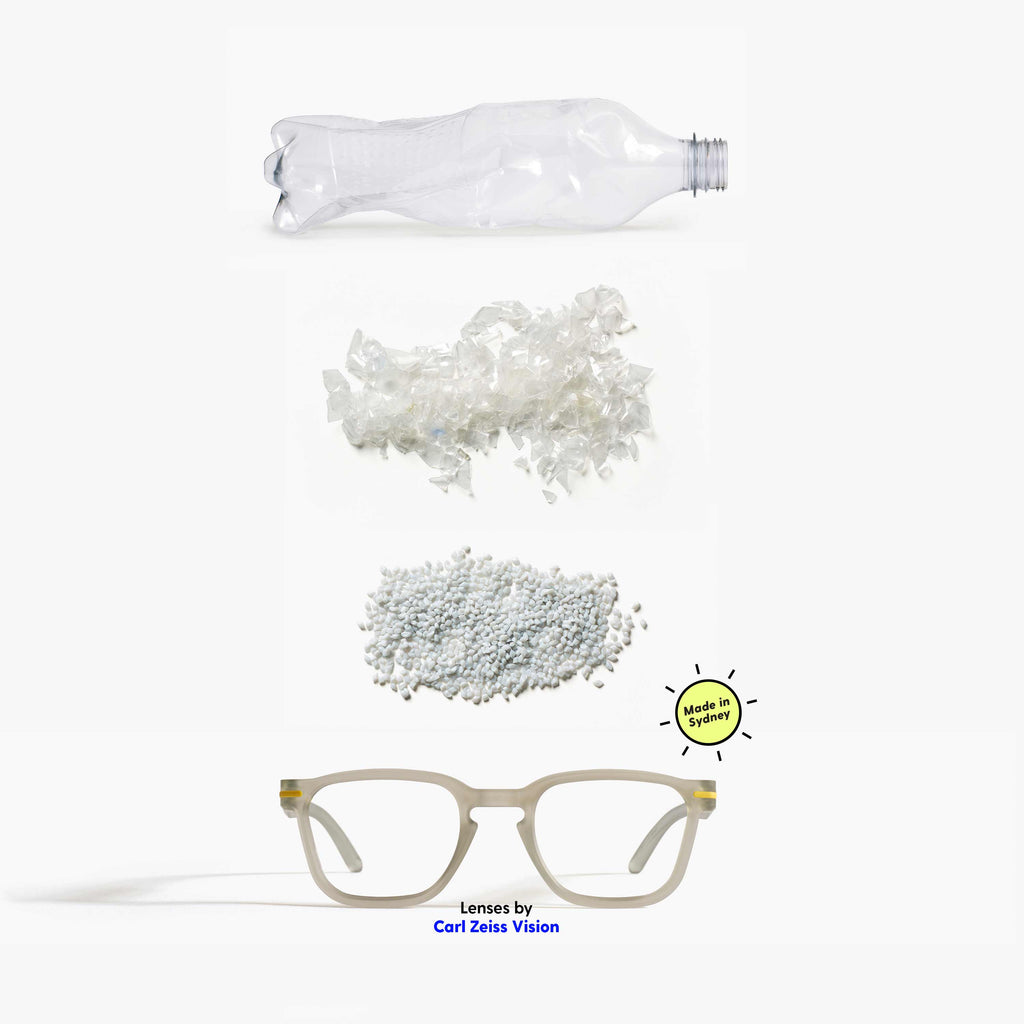 Stages of a plastic bottle being recycled into Good Citizens clear square reading glasses, made in Australia with eco-friendly design