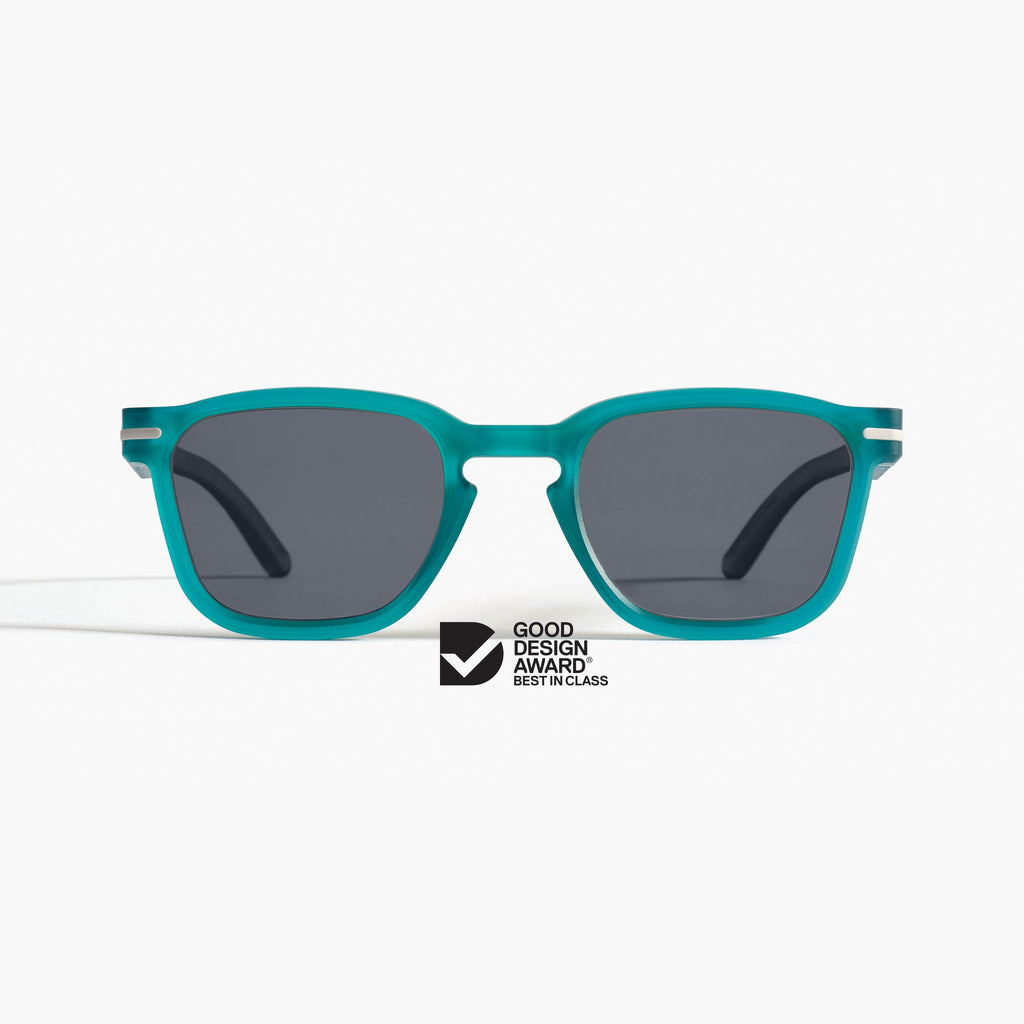 Good Citizens aqua square sunglasses made in Australia with polarised lenses and modular design, made from 100% recycled plastic