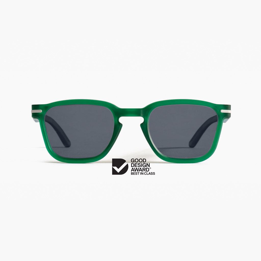 Good Citizens green square sunglasses made in Australia with polarised lenses and modular design, made from 100% recycled plastic