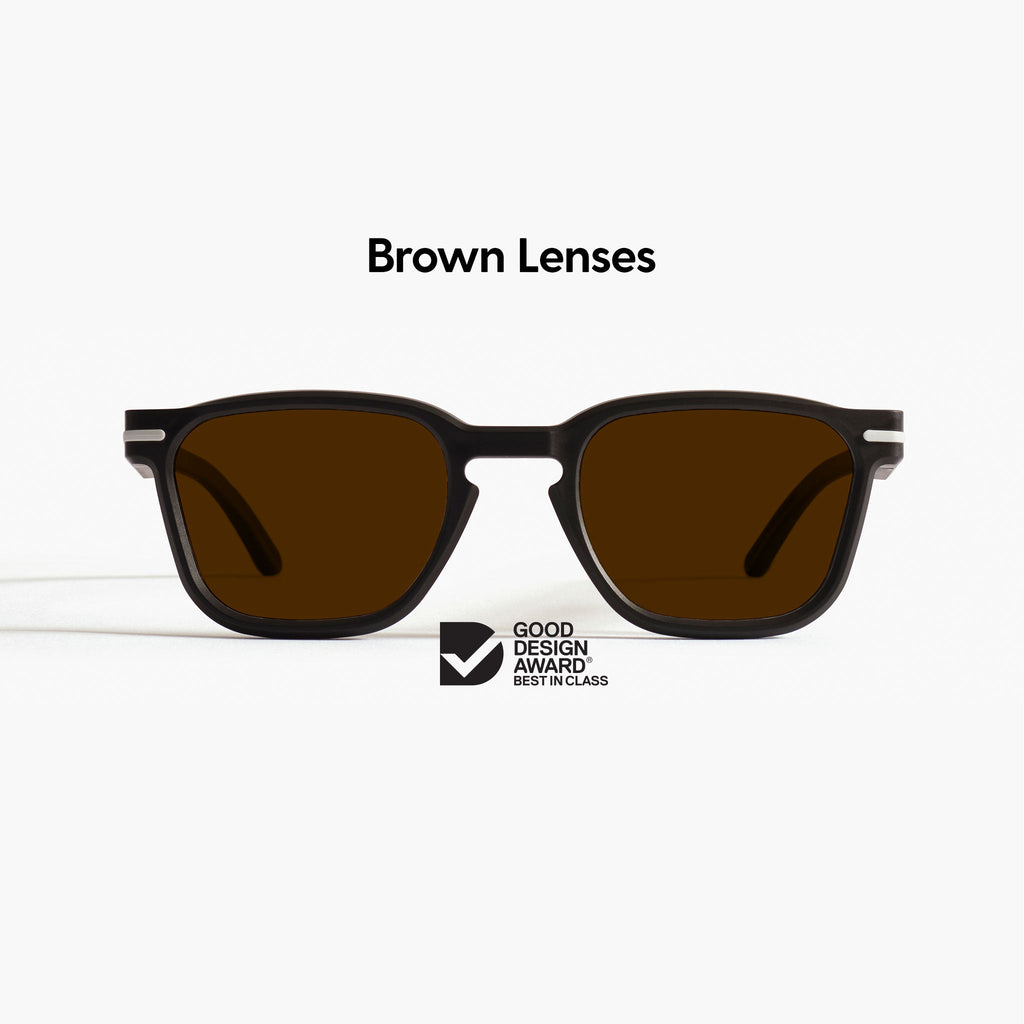 Good Citizens black square sunglasses with premium polarised brown lenses crafted from 100% recycled plastic, on a white background.