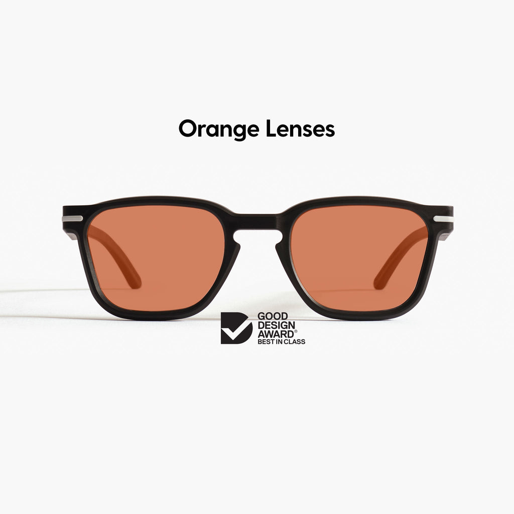 Good Citizens square black sunglasses on a white background with orange Carl Zeiss lenses, 100% recycled plastic frame, modular design, made in Australia