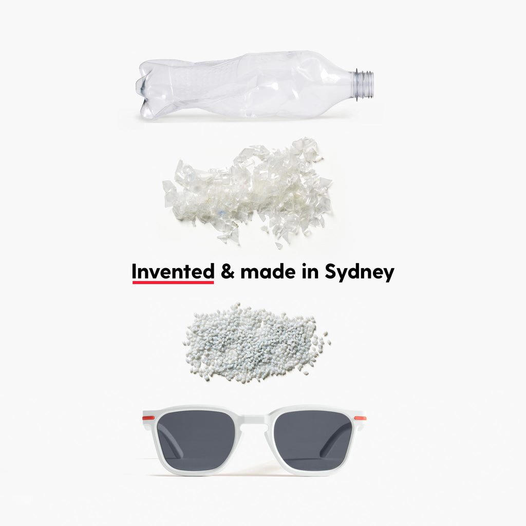 Turning a 600ml plastic bottle into Good Citizens white square sunglasses, showcasing the recycling process and eco-friendly design