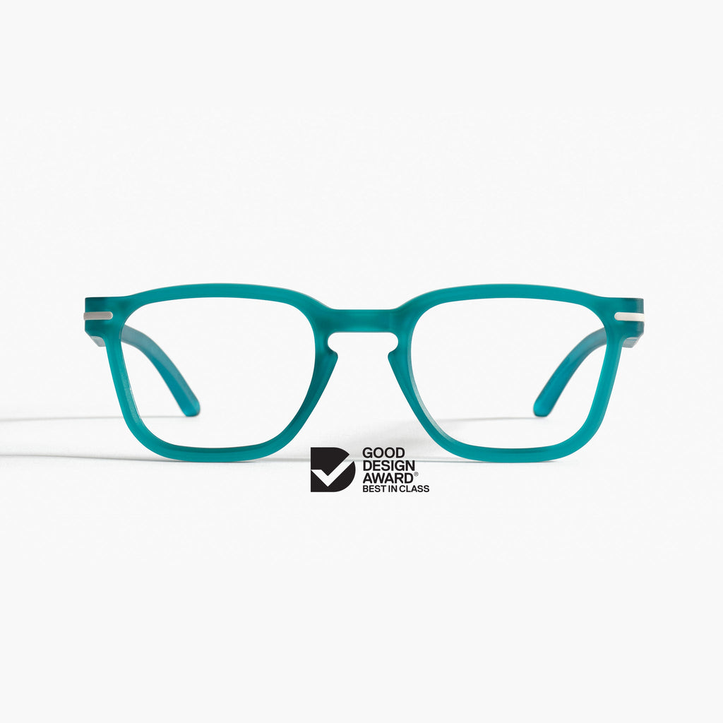 Front view of Good Citizens aqua blue square frame, highlighting stylish, eco-friendly design and 100% recycled plastic frames made in Australia