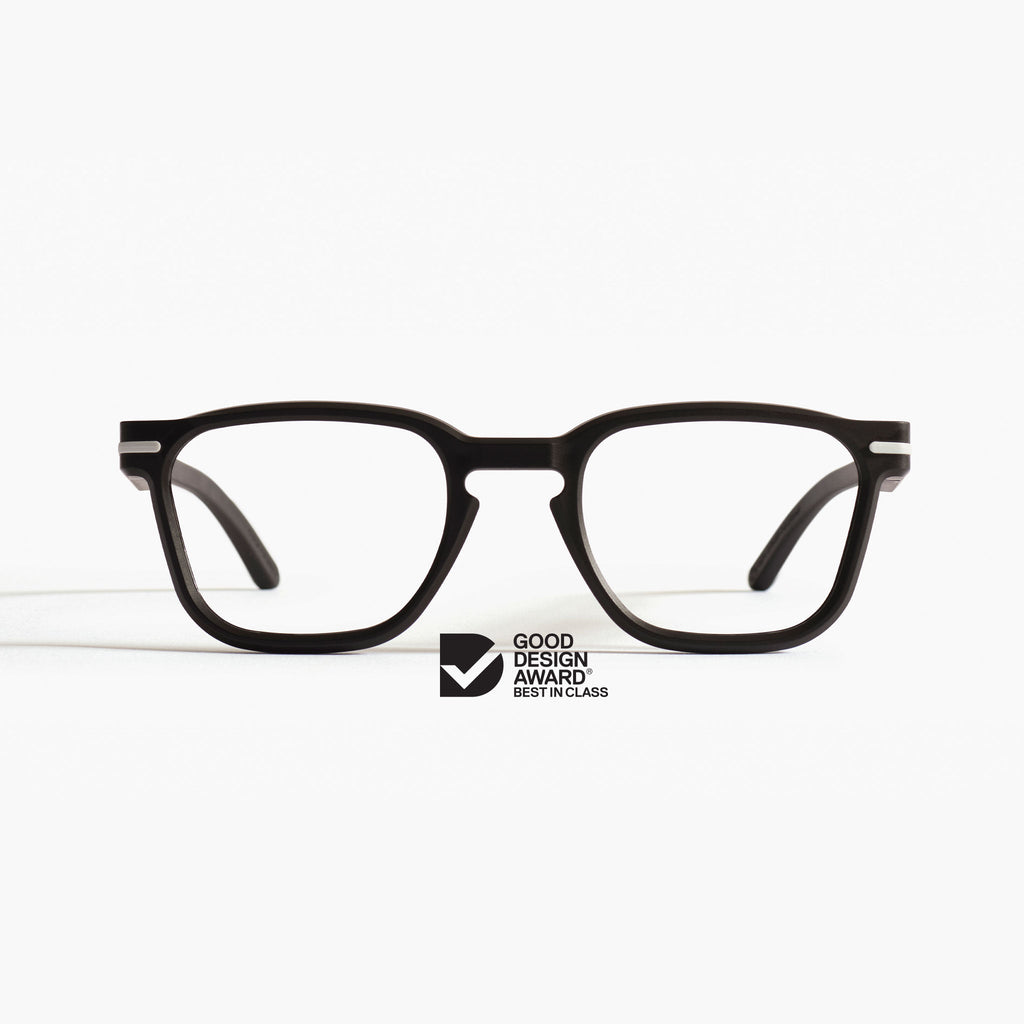 Front view of Good Citizens black square frame, highlighting stylish, eco-friendly design and 100% recycled plastic frames made in Australia