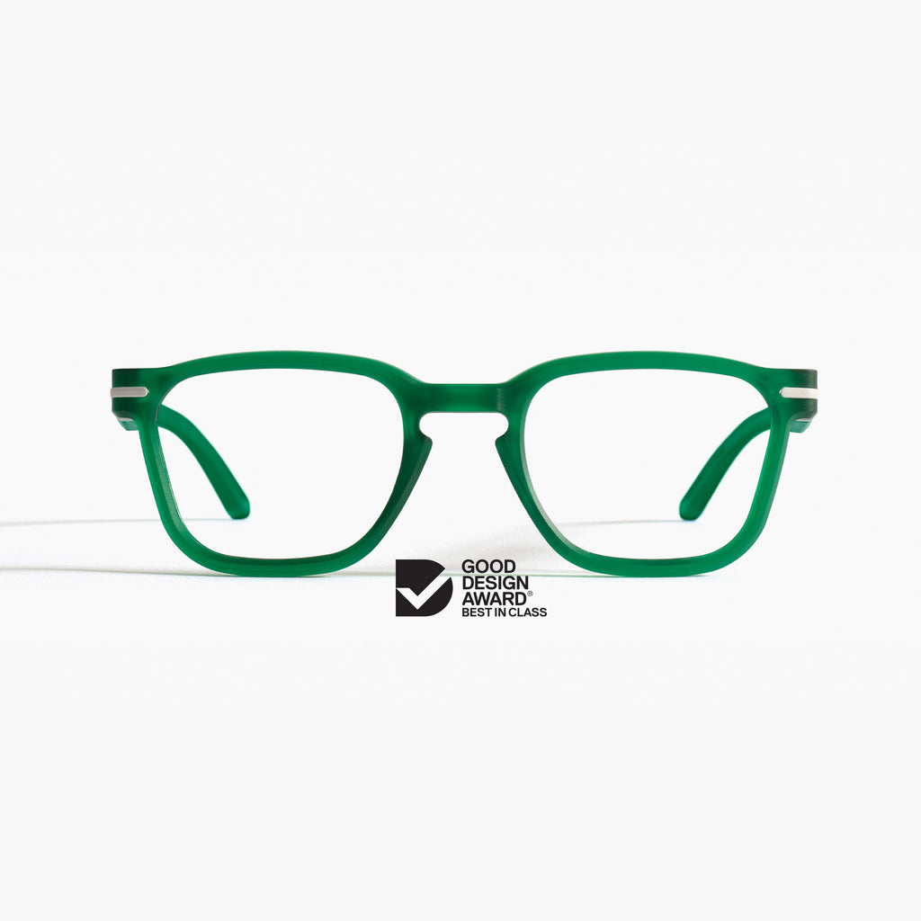 Front view of Good Citizens green square frame, highlighting stylish, eco-friendly design and 100% recycled plastic frames made in Australia