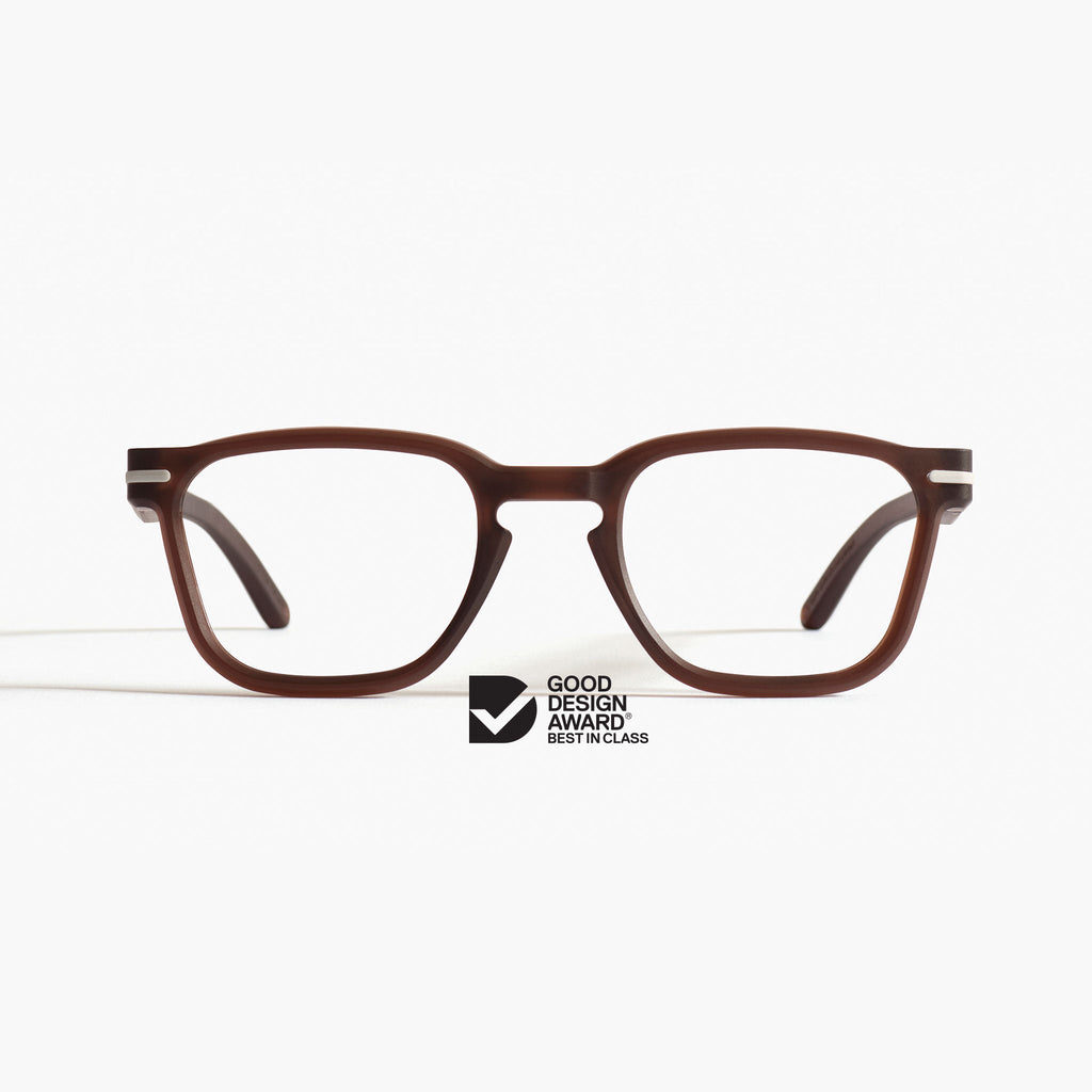 Front view of Good Citizens brown square frame, highlighting stylish, eco-friendly design and 100% recycled plastic frames made in Australia