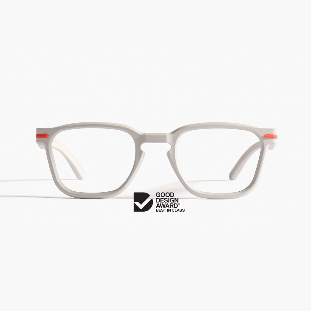 Front view of Good Citizens white square frame, highlighting stylish, eco-friendly design and 100% recycled plastic frames made in Australia